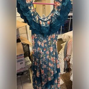 size Large Jaase Positano Tuscan Escape Teal Floral Lace Maxi Dress like new smo